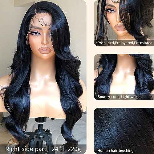 Bombshell Body Wave Wig, Synthetic Lace Front Wig Pre Plucked Glueless Ready to Wear, 13X5X1 Side Part HD Lace Wigs for Women 24inch, 1B Jet Black Wig Human Hair Luster