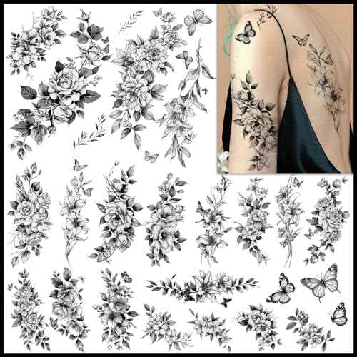 CHARLNET Realistic Flower Temporary Tattoos for Women - 9 Large Sheets Flower Rose Tattoos For Women Body Art Arm Chest Legs Shoulder