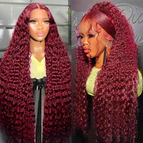 DJFG Deep Wave Lace Front Wigs Human Hair Curly Wig Human Hair HD Frontal 200 Density 13x6 Lace 99j Burgundy Red 20 Inch