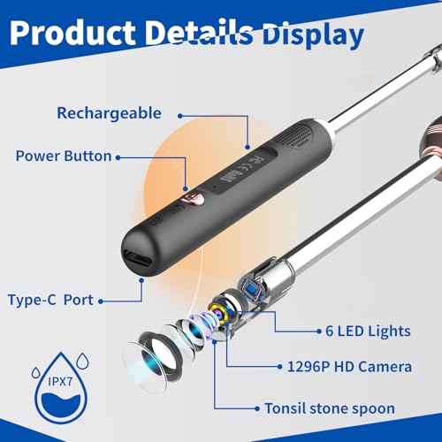Tonsil Stone Remover with Camera£¬Tonsil Stone Removal Tool with LED Light£¬TonsilCleaner for Tonsil Stone Removal£¬Tonsillolith Removal Tool with 4 Head £¬Attachments for iOS & Android (Black and Gold)