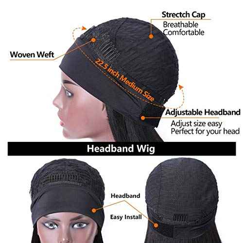 Headband Wigs Human Hair 180% Density 12A Kinky Straight Human Hair Headband Wigs For Black Women Yaki Straight Human Hair Wigs With Headband Attached Natural Black Color 22 Inch