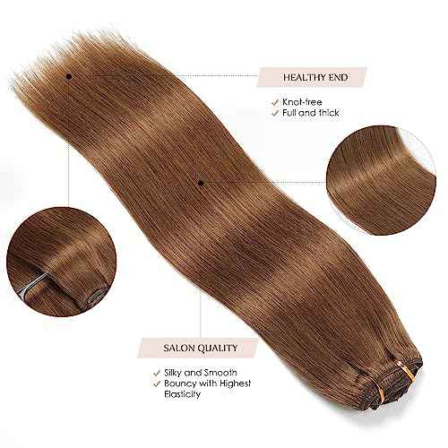 Sisily Clip in Hair Extensions Real Human Hair, 18 inch 150g, Medium Light Brown, 100% Brazilian Remy Human Hair Clip in Extensions Soft Straight 7pcs Per Set with 16 Clips Double Weft