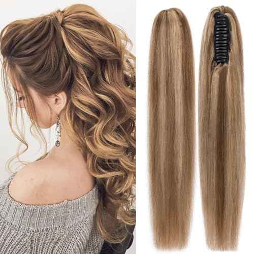Claw Clip In Ponytail Extension, 100% Human Hair Ponytail Extension, No Tangle & Smooth, 115g, 18 Inch #Medium Brown & Dark Blonde