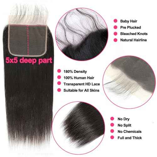 12A Straight Bundles Human Hair with 5x5 Closure 14 16 18+12 Inch Brazilian Human Hair Weave Bundles with 5x5 HD Lace Closure 100% Unprocessed Virgin Hair Extensions