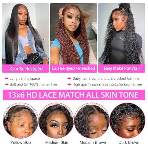 Water Wave Lace Front Wigs Human Hair Pre Plucked Bleached Knots Wet and Wavy 13x6 HD Lace Frontal Wigs for Black Women 200% Density Brazilian Remy Human Hair (Water wave wig 13x6, 28 Inch)