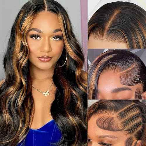 1B/30 Highlight Lace Front Wig Human Hair 13x6 Ombre Lace Front Wig 180% Density Body Wave HD Lace Frontal Wigs Human Hair Colored Balayage Wig for Black Women 22Inch