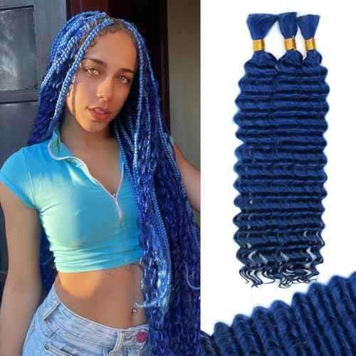 20 Inch Deep Wave Human Braiding Hair for Boho Braids ? 120g 3 Bundles/Pack Blue 100% Unprocessed 12A Brazilian Virgin Human Hair Bulk, No Weft, Wet & Wavy Curly Extensions
