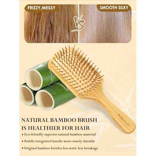 Bamboo Hair Brush for Men Women Detangling Thick Curly Hair, Natural Bamboo Bristles Wooden Paddle Hairbrush with Ergonomic handle for All Hair Types