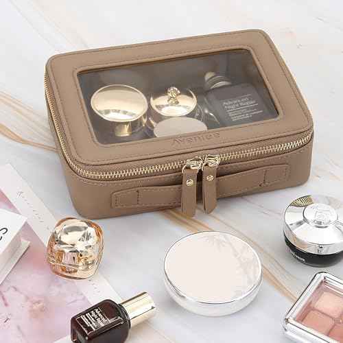 Aveniee Clear Makeup Bag Organizer, Travel Toiletry Bag Cosmetic Case for Women, Portable Make Up Skincare Pouch Car Organizer Bag with Zippers for Essentials,Taupe