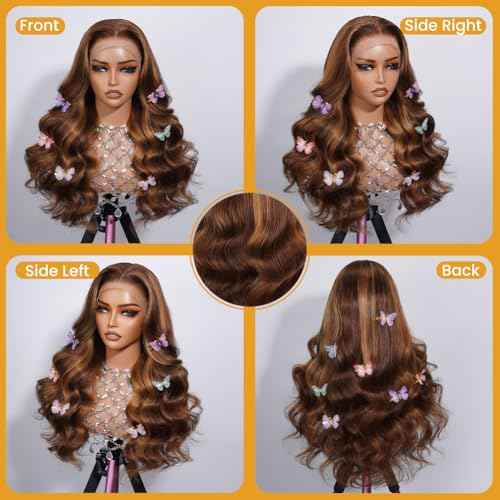4/27 Highlight HD Lace Front Wigs Human Hair Pre Plucked 13x4 Body Wave Frontal Wig with Baby Hair 180% Density Ombre Brown and Honey Blonde Human Hair Wigs for Black Women 22 Inch