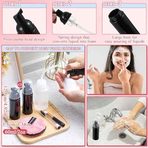 60 Pcs Lash Shampoo Brushes Set 10 Lash Shampoo Brushes 10 Mascara Tubes and Wands 10 Foam Pump Bottle 10 Cleaning Rinse Bottles 10 Makeup Remover Pad 10 Aftercare Drawstring Bag(Black)