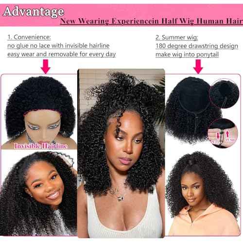 Glueless Wigs Human Hair Half Wig Upgrade 3 IN 1 Half Wig With Drawstring Seamless Clip Ins Flip Over Half Wigs Beginner Friendly Kinky Curly Wig Human Hair Drawstring Headband Wig for Women 22 inch