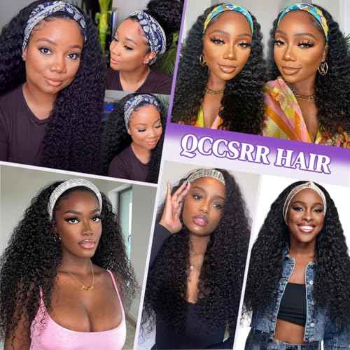 Curly Headband Wig Human Hair 24 Inch Glueless None Lace Front Deep Curly Wig Wear and Go Wigs for Black Women Machine Made Headband Half Wigs 180% Density Natural Color