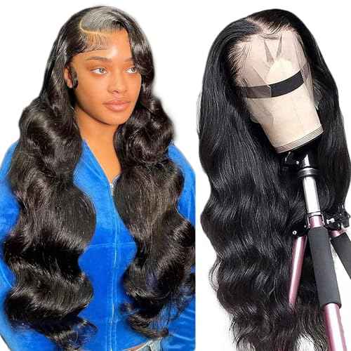 Sunelk 18 Inch Lace Front Wigs Human Hair Pre Plucked 13x4 Body Wave HD Lace Front Wigs Human Hair 180 Density Brazilian Virgin Hair Glueless Wigs Human Hair for Women Natural Black Color