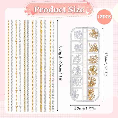 12 Strips Metal Nail Art Chains Gold & Silver Nails Decorations with Box Stainless Steel Nails Accessories Nail Jewelry Chains for Manicure Decoration & DIY£¨11 Inch£©