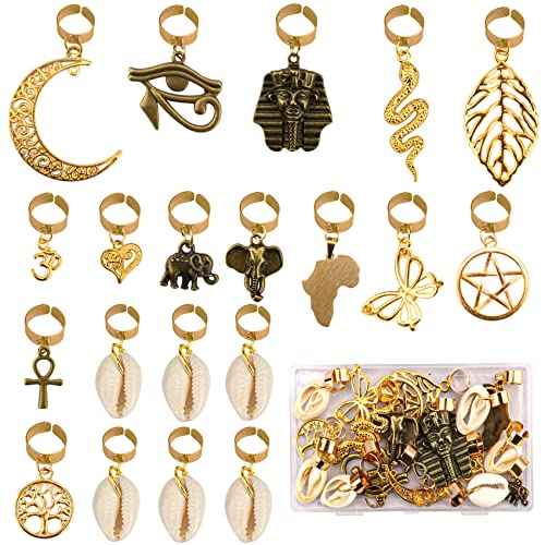 Messen 20 PCS Locs Braids Hair Cuffs 15 Styles Vintage African Pendant Charms Butterfly Shell DIY Hair Accessories (Bronze and Gold)