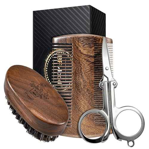 BFWood Mens Beard Brush Comb Kit: Small Travel Beard Set - Natural Boar Bristles With Black Walnut Wood, Grooming Sandalwood Mustache Comb, Mustache Trimming Sissors With Storage Bag