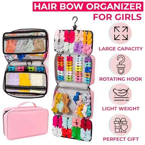 2 in 1 Newly Designed Headband & Hair Bow Organizer for Girls Display Bag - Large Capacity Girls Hair Accessories Organizer, Holds Hair Clips, and Hair tie with a Rotating Hook, Travel-Friendly.