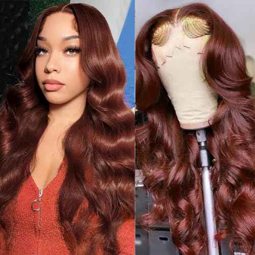 MUPRETTY Reddish Brown Lace Front Wigs Human Hair 180% Density 13x4 Auburn Colored Body Wave Wig Human Hair Pre Plucked Natural Hairline(24Inch,13x4 Lace Front Wig)