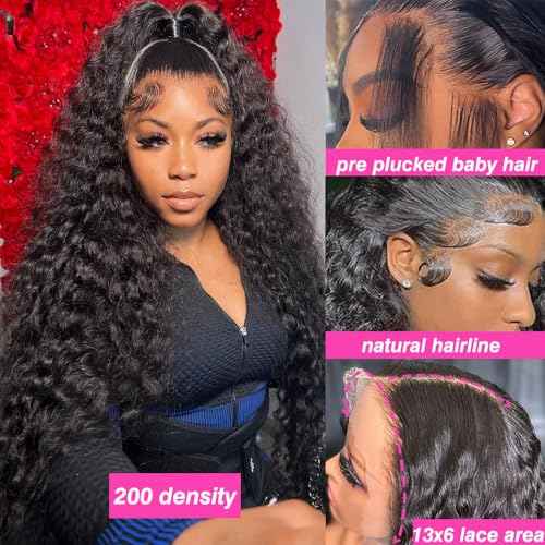 22 Inch Water Wave Lace Front Wigs Human Hair 13x6 HD Lace Frontal Wig Human Hair Pre Plucked with Baby Hair 200 Density Deep Part Curly Wig for Women