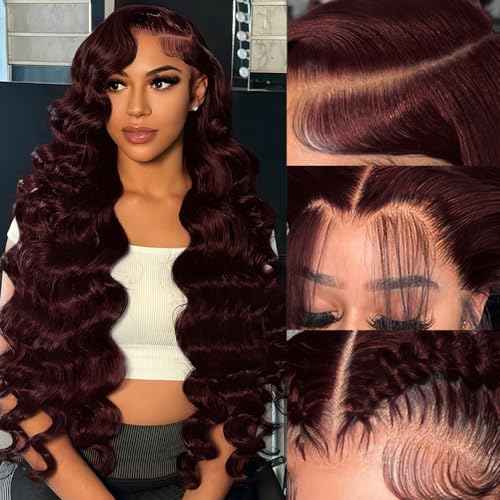 16" 13x4 Glueless Wigs Human Hair Pre Plucked Pre Cut with Baby Hair, 210% Density 12A Brazilian Body Wave Lace Front Wigs Human Hair, #99J Wine Red HD Transparent Wear and Go Wigs for Black Women