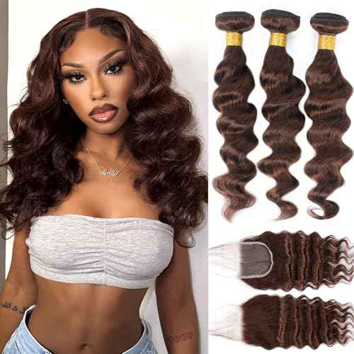 Brown Bundles with Closure Human Hair Loose Wave Human Hair Bundles with Closure (16 18 20+14£©12A Brazilian Virgin Hair Light Brown Loose Deep Wave 3 Bundles with 4x4 Closure 4# Color