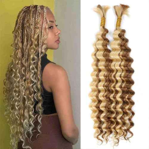 P27/613 Human Braiding Hair Highlight Blonde Boho Hair For Braiding Deep Wave Bulk Bundles 22 Inch Deep Curly Crochet Knotless Braids 100% Real Human Hair 100gram (2 of 50g)