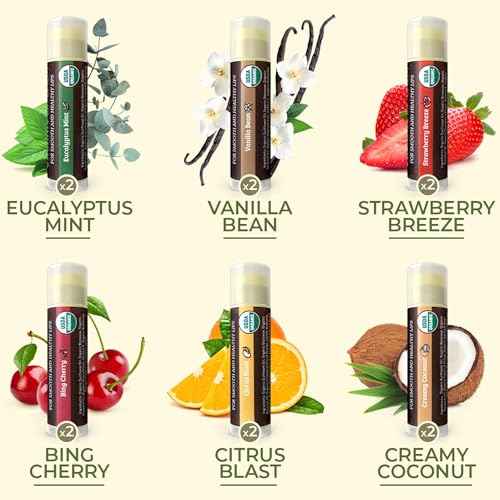 Earth's Daughter USDA Organic Lip Balm 12-Pack (2x 6-Packs) - Fruit Flavors, Beeswax, Coconut Oil, Vitamin E - Best Lip Repair Chapstick for Dry Cracked Lips - Moisturizing Lip Care