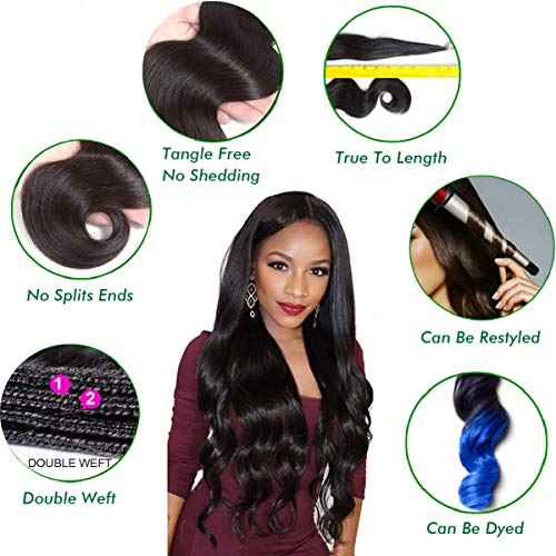 Body Wave 3 Bundles with Frontal Human Hair Bundles with Lace Frontal (18 20 22+18, Natural Black) Brazilian Body Wave Hair Virgin Hair Ear to Ear 13x4 Frontal Natural Black