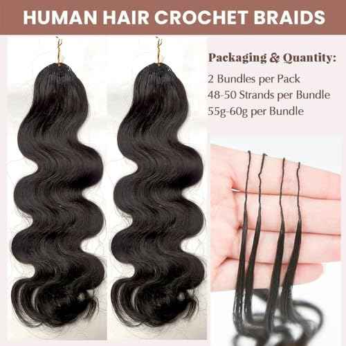 Pre-Separated Crochet Knotless Hair Extensions Body Wave Feather Crochet Human Hair Seamless Reusable for Women Hair 16inch 120g 100strands