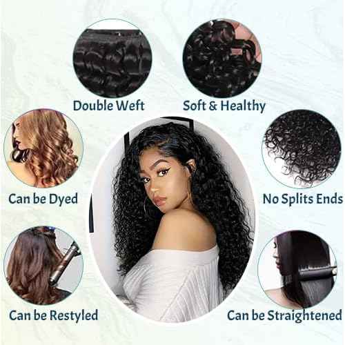 ONICE Deep Wave Bundles Human Hair (12 14 16 Inch) 100% Unprocessed Brazilian Weave 3 Bundles Human Hair Glossy Virgin Hair Bundles Curly Style Keep Texture Silky Soft Natural Black
