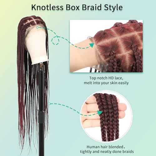 360 HD Full Lace Knotless Braided Wigs with Baby Hair Box Braid Wig for Women Premium Synthetic Burgundy Natural Braided Lace Front Wigs 36 Inch