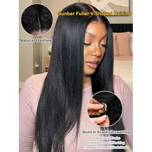 Sunber EasiContour Yaki Straight V Part Human Hair Glueless Wigs with Drawstring No Leave Out No Gel 180% Density Vpart light yaki straight Clip In Half Wigs No Leave Out Real Scalp V Shape 20Inch