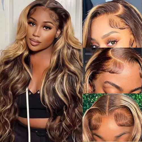 250% Density Honey Blonde Body Wave Lace Front Wig Human Hair 4/27 Highlight Ombre Lace Front Wigs 13x6 Glueless HD Transparent Lace Frontal Wig for Women Pre Plucked with Baby Hair (24inch)