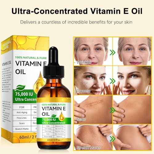 Vitamin E Oil Blend 75,000 IU, Pure Vitamin E Oil for Skin, Scars, Nails and Scalp, Face and Body Moisturizer, Hydrating Dry Skin, Reduce Stretch Marks, Fine Lines & Wrinkles, 2Fl Oz (Pack of 2)