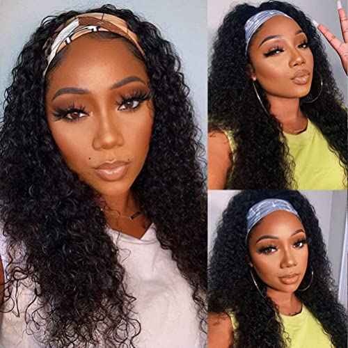 Curly Headband Wig Human Hair 16 Inch Deep Wave Human Hair Headband Wigs for Black Women Human Hair Glueless Real Hair Wig with Headband Attached No Lace Front Wig Human Hair Natural Black Color