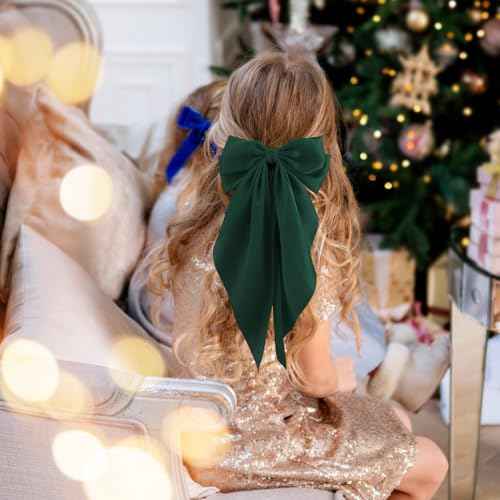 Hair Bow Clips for Women Girls, 4 Pcs Green Silky Satin Oversized Long Tail Bow Hair Clips, Alligator Metal Clips, Big Bowknot, Cute Hair Accessories, Christmas Gifts