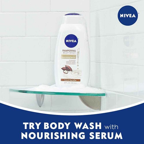 Nivea Cocoa and Shea Butter Pampering Body Wash with Nourishing Serum, 20 Fl Oz Bottle (Pack of 3)