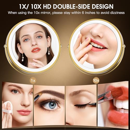 Wall Mounted Lighted Makeup Mirror,8" Rechargeable Double-Sided Light up Magnifying Mirror 1x/10x,3 Color Led Vanity Mirror with Lights,Touch Dimmable 360¡Æ Rotation-Antique Bronze