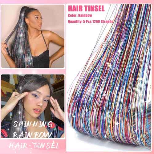 Hair Tinsel Kit with Tools 48 Inch 1200 Strands Colorful Tinsel Hair Extensions Fairy Hair Tinsel Kit Heat Resistant Sparkling Glitter Tensile Hair Accessories for Girls Women Kids