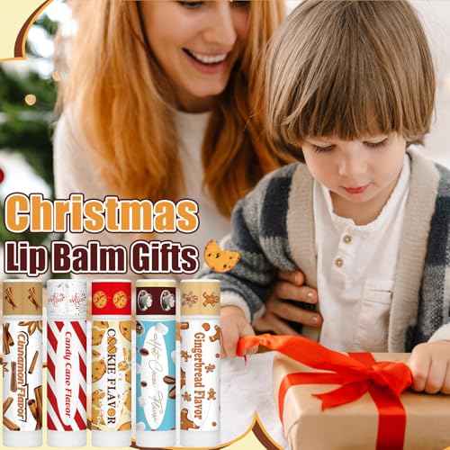 100pcs Christmas Peppermint Flavor Lip Balms Gift Bulk Candy Gingebread Hot Cocoa Cookie Cinnamon Flavor Lip Balm Favor Christmas Party Gift Stocking Stuffer for Coworker Staff Employee (Cute)