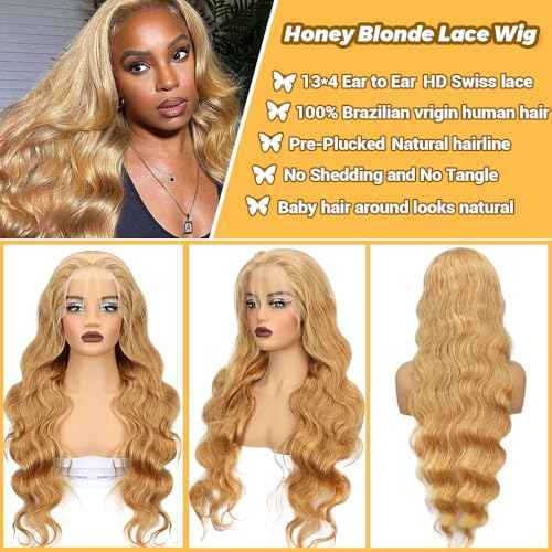 SOSATISFY Honey Blonde Lace Front Wig Human Hair 200% Density 13x4 Body Wave Wig Blonde Hd Lace Front Wig Human Hair Pre Plucked With Baby Hairline 27# Colored Wigs for Women 22 Inch