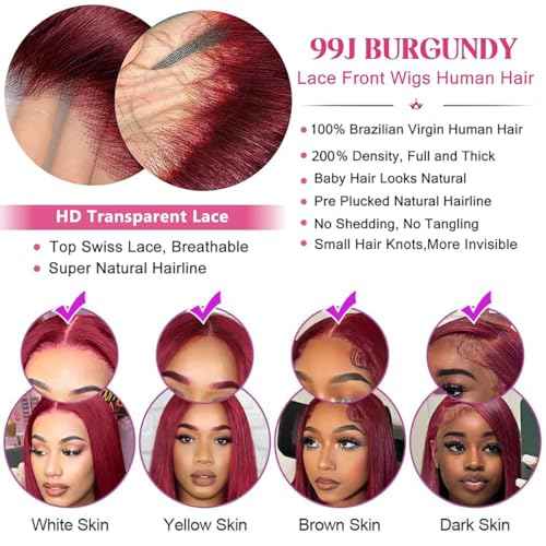 99j Burgundy Lace Front Wigs Human Hair 26 Inch 13x4 Straight HD Lace Front Wig Pre Plucked Wine Red Colored Glueless Lace Frontal Human Hair Wigs for Women