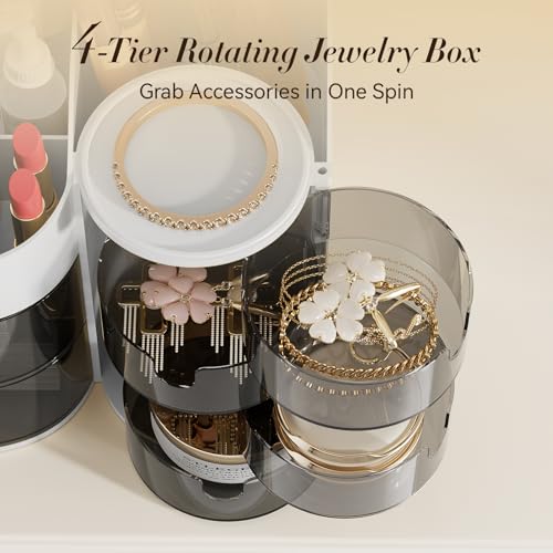 LAMU Makeup Organizer Countertop, Cosmetic Storage for Dresser Bathroom Countertop, Include 4-Tier Rotating Jewelry Box for Brushes, Skincare, Perfume, Office, Earring, Jewelry Organizer, White