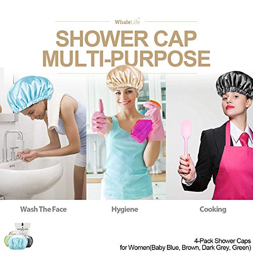 Shower Cap for Women Reusable Extra Large Shower Caps for Men Satin Double Layer EVA Waterproof Long Hair Caps(Baby Blue, Brown, Dark Grey, Green 4 Pack)