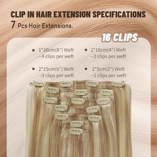 Clip in Hair Extensions Real Human Hair 14 Inch 80g 7Pcs Remy Extensions Double Weft Straight Hair Extensions for Add Volume (14in, 80g, #16/22)
