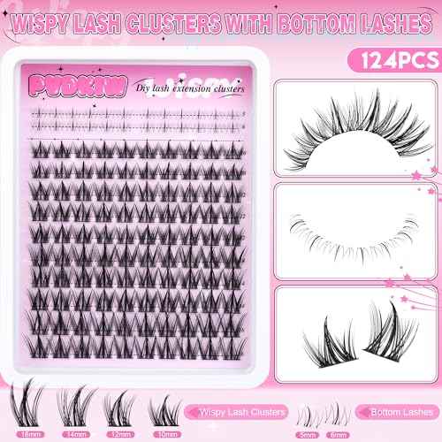 Manga Lash Clusters with Bottom Lashes Natural Lash Extension Kit Wispy Lashes Clusters Kit Fairy Eyelash Clusters Kit 10-16mm C Curl Eyelash Extension Kit with Lash Bond and Seal Lash Tweezers