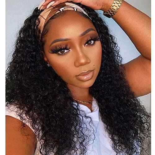 Rebasar Curly Headband Wig Human Hair Wigs for Black Women Human Hair 22 Inch Long No Lace Front Wigs Human Hair Glueless Deep Wave Headband Wigs Natural Black Color Half Wig with Headband