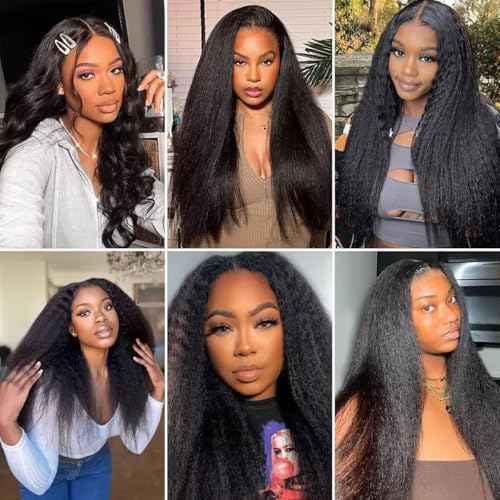 Selina U Part Wigs Human Hair Kinky Straight Wig Yaki Straight Human Hair Wig For Women 100% Real Human Hair Glueless Wigs Natural Black 28 Inch