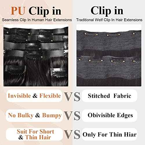 Body Wave Clip in Hair Extensions Real Human Hair Clip ins 100% Brazilian Virgin Hair PU Seamless Clip in Hair Extensions Human Hair Natural Black Hair for Women 120 Gram 6 Pcs 22Inch